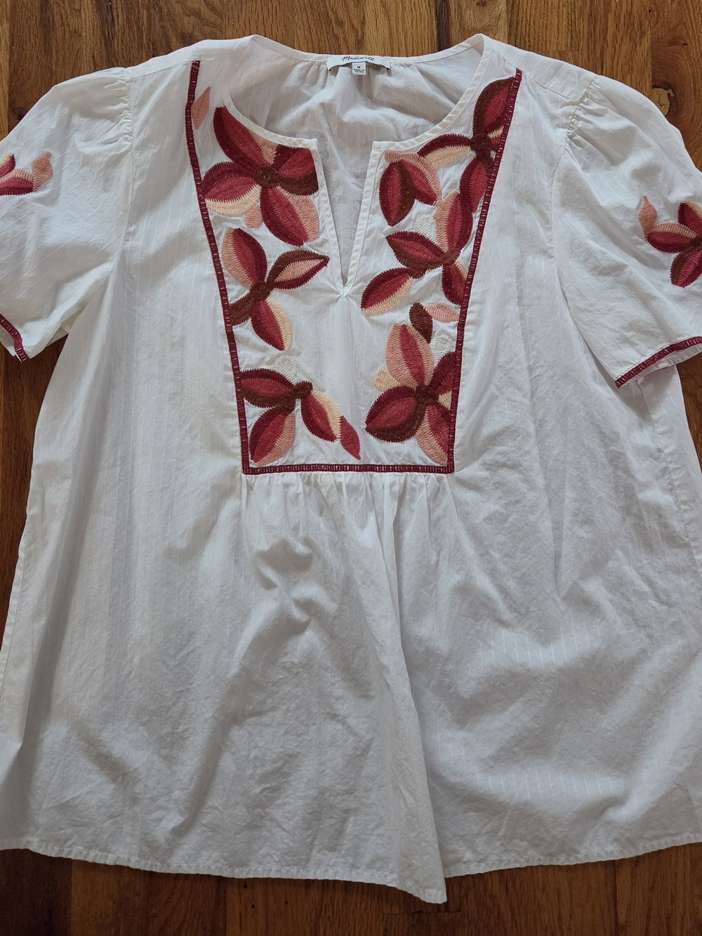 Madewell White Cotton Tunic with Red & Pink Floral Embroidery